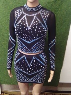 Banjul Black Mini Skirt Set with Blue & Silver Embellishments